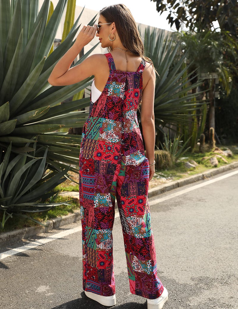 Himosyber Women's Patchwork Dual Pocket Jumpsuit Loose Floral Print Bohemian Wide Leg Bib Overall (#1Red, L) - Image 5