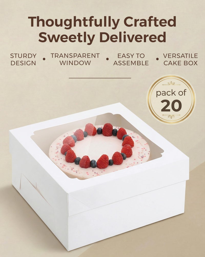 Baregamyan 12x12x6 inch Cake Boxes 20 pcs, Large 12 inch Cake Box with Window for 6 Inch Tall Large Bakery Cakes, Pies, Sturdy Square White Cardboard, Cake Decorating Supplies (80 Pcs Stickers) - Image 2