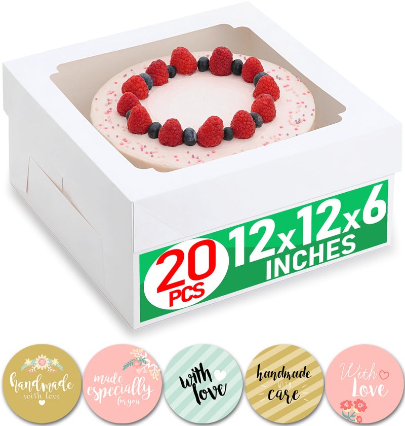 Baregamyan 12x12x6 inch Cake Boxes 20 pcs, Large 12 inch Cake Box with Window for 6 Inch Tall Large Bakery Cakes, Pies, Sturdy Square White Cardboard, Cake Decorating Supplies (80 Pcs Stickers) - Image 1