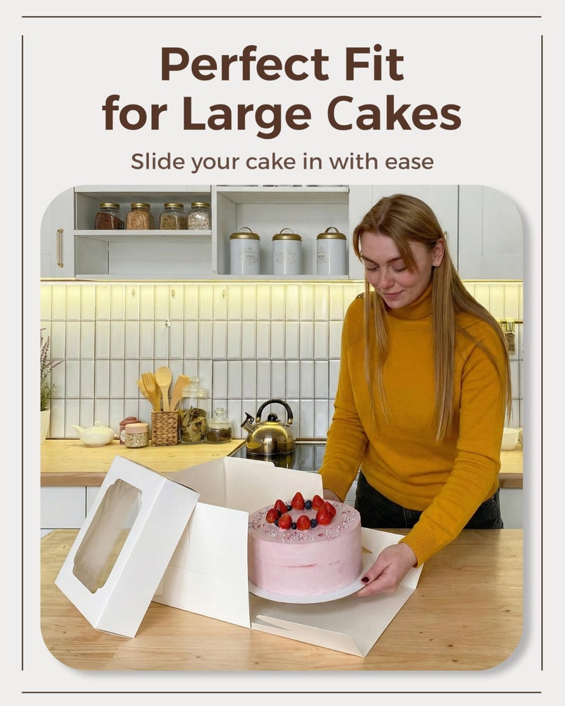 Baregamyan 12x12x6 inch Cake Boxes 20 pcs, Large 12 inch Cake Box with Window for 6 Inch Tall Large Bakery Cakes, Pies, Sturdy Square White Cardboard, Cake Decorating Supplies (80 Pcs Stickers) - Image 5