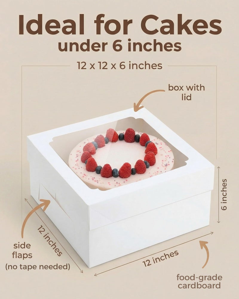 Baregamyan 12x12x6 inch Cake Boxes 20 pcs, Large 12 inch Cake Box with Window for 6 Inch Tall Large Bakery Cakes, Pies, Sturdy Square White Cardboard, Cake Decorating Supplies (80 Pcs Stickers) - Image 3