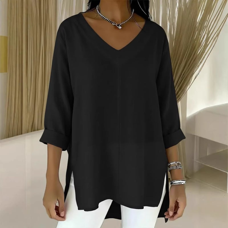 Women's Loose V-Neck Solid Ramie Cotton Blouse - Image 4