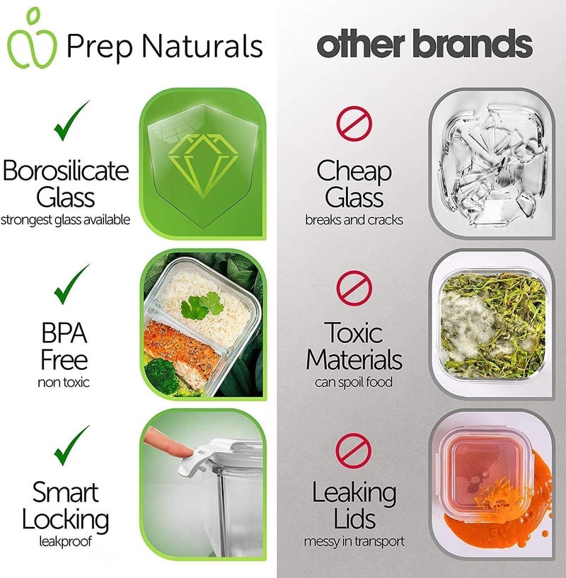 بريب ناتشورالز حاويات تحضير وجبات زجاجية من PrepNaturals 5 قطع 27 أونصة - آمنة للغسالة والميكروويف والثلاجة والفرن - حاويات تخزين زجاجية بأغطية (متعددة الأقسام) - Image 2