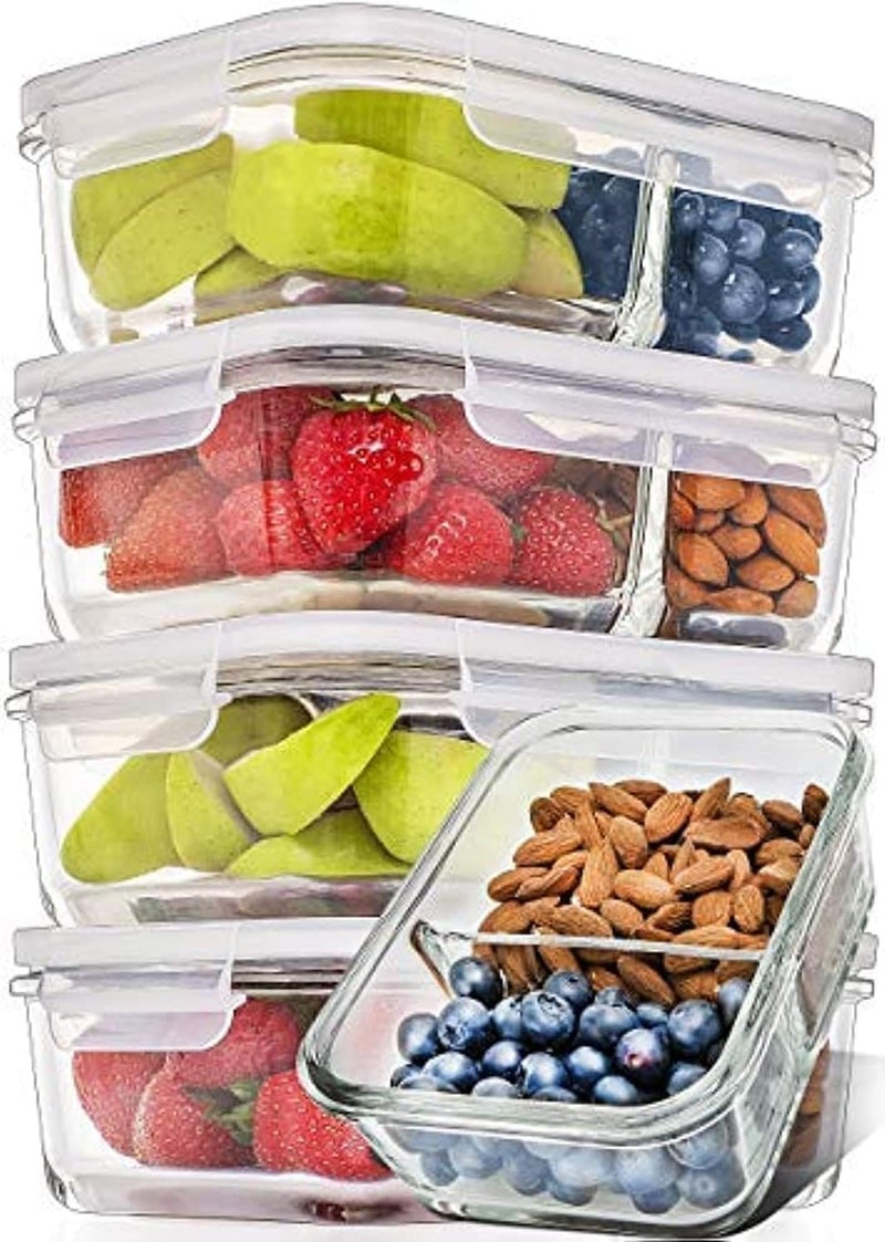 بريب ناتشورالز حاويات تحضير وجبات زجاجية من PrepNaturals 5 قطع 27 أونصة - آمنة للغسالة والميكروويف والثلاجة والفرن - حاويات تخزين زجاجية بأغطية (متعددة الأقسام) - Image 1