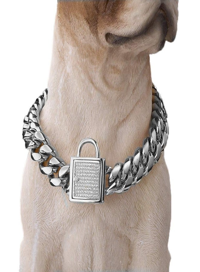 Aiyidi Pet Dog Collar, Top Stainless Steel Dog Chain Training Collar, 14mm Silver Tone Cuban Curb Chain Dog Collar, with White Zirconia Lock Dog Collars(14mm Silver,20inch) - Image 2