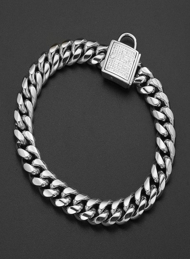 Aiyidi Pet Dog Collar, Top Stainless Steel Dog Chain Training Collar, 14mm Silver Tone Cuban Curb Chain Dog Collar, with White Zirconia Lock Dog Collars(14mm Silver,20inch) - Image 4