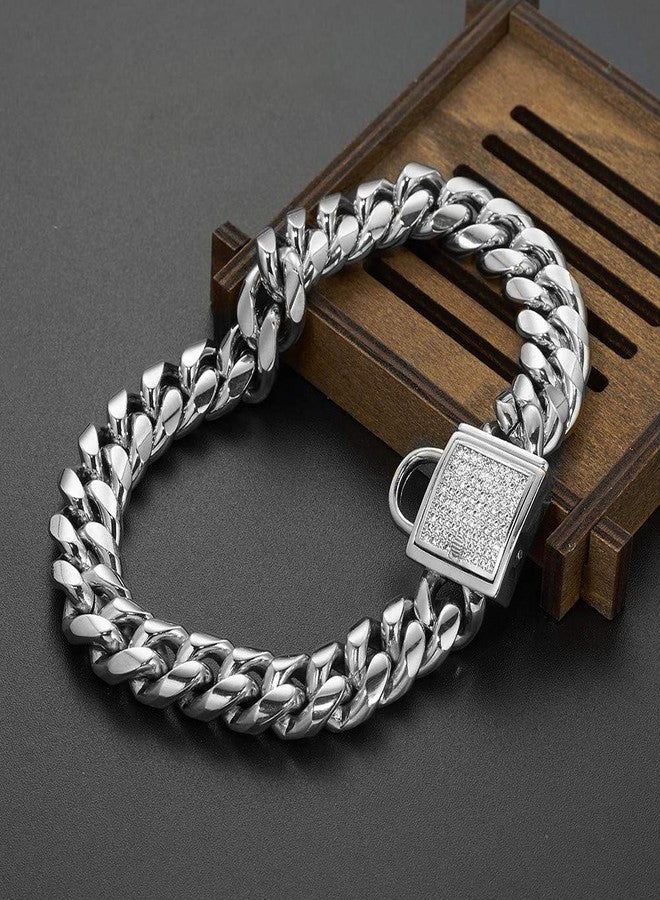 Aiyidi Pet Dog Collar, Top Stainless Steel Dog Chain Training Collar, 14mm Silver Tone Cuban Curb Chain Dog Collar, with White Zirconia Lock Dog Collars(14mm Silver,20inch) - Image 5