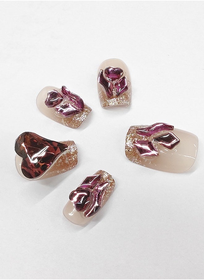 NIBEMINENT 24Pcs Fake Nails, Press Nails In Box,Short-length Flat head shaped Solid Gradient Pink Color Shiny Nail Art,Dark Red Purple Love Heart Zircon,Fake Nail Patch  - Image 1