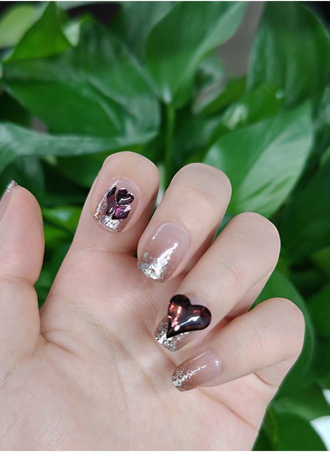 NIBEMINENT 24Pcs Fake Nails, Press Nails In Box,Short-length Flat head shaped Solid Gradient Pink Color Shiny Nail Art,Dark Red Purple Love Heart Zircon,Fake Nail Patch  - Image 2