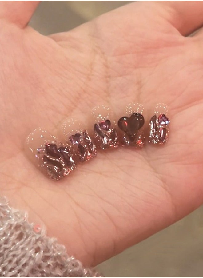 NIBEMINENT 24Pcs Fake Nails, Press Nails In Box,Short-length Flat head shaped Solid Gradient Pink Color Shiny Nail Art,Dark Red Purple Love Heart Zircon,Fake Nail Patch  - Image 3