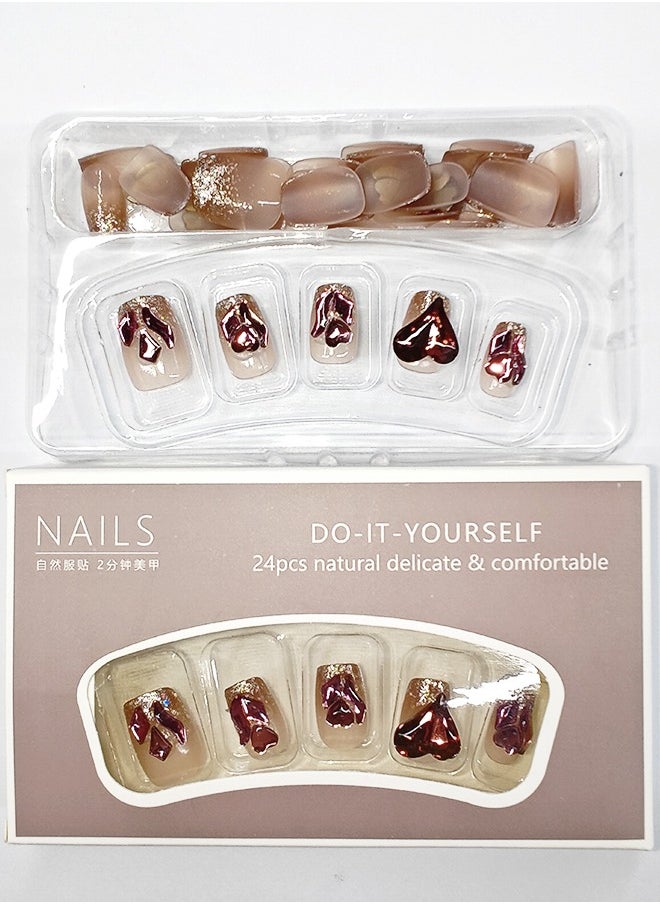 NIBEMINENT 24Pcs Fake Nails, Press Nails In Box,Short-length Flat head shaped Solid Gradient Pink Color Shiny Nail Art,Dark Red Purple Love Heart Zircon,Fake Nail Patch  - Image 4