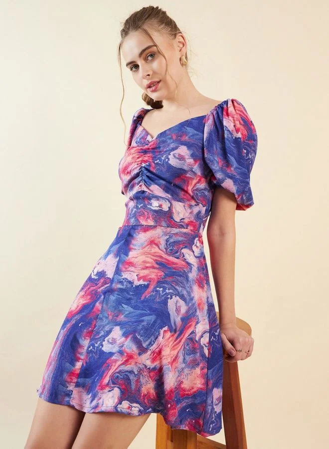 Freehand  Women Fit and Flared Marble Printed V-Neck Short Sleeve Mini Dress for Women | Best Price UAE