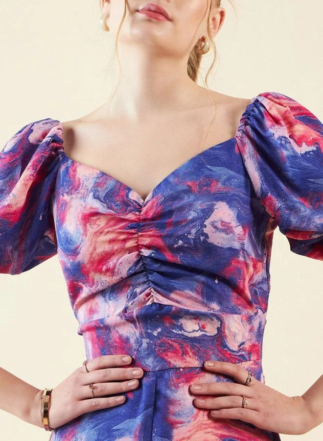 Freehand  Women Fit and Flared Marble Printed V-Neck Short Sleeve Mini Dress for Women | Best Price UAE