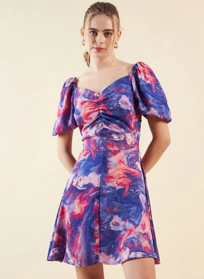 Freehand  Women Fit and Flared Marble Printed V-Neck Short Sleeve Mini Dress for Women | Best Price UAE