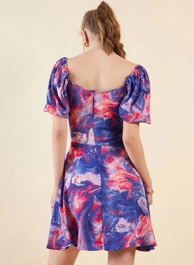 Freehand  Women Fit and Flared Marble Printed V-Neck Short Sleeve Mini Dress for Women | Best Price UAE