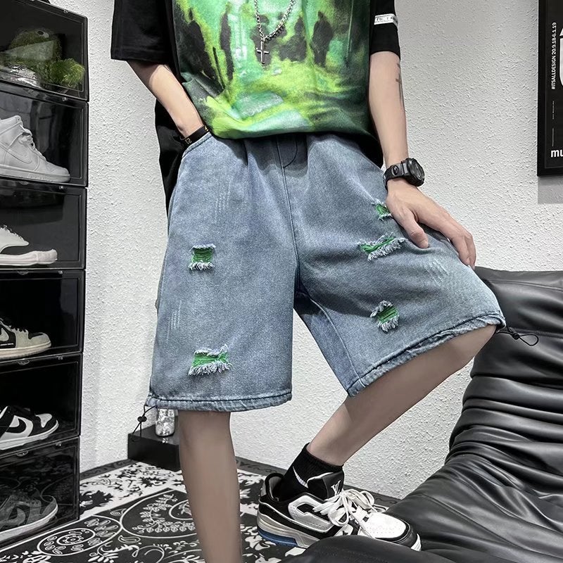 American street ripped Denim shorts mens summer thin fashion brand loose straight five-point wide-leg beggar pants men Blue  - Image 1