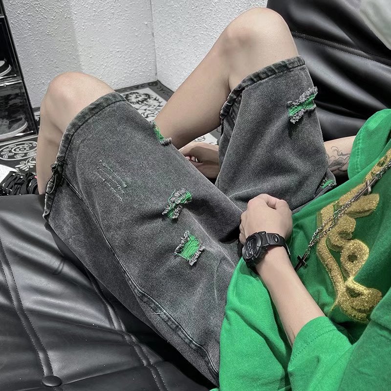 American street ripped Denim shorts mens summer thin fashion brand loose straight five-point wide-leg beggar pants men Blue  - Image 2