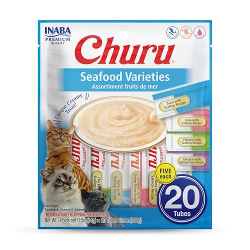 INABA Churu Cat Treats, Lickable, Squeezable Creamy Purée Cat Treat with Green Tea Extract & Taurine, 0.5 Ounces Each Tube, 20 Tubes, Seafood Variety - Image 1
