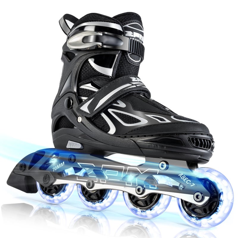 2PM SPORTS Vinal Inline Skates for Men with Light Up Wheels Adjustable Roller Women Illuminating Outdoor Roller Skates for Kids and Adults Silver XL