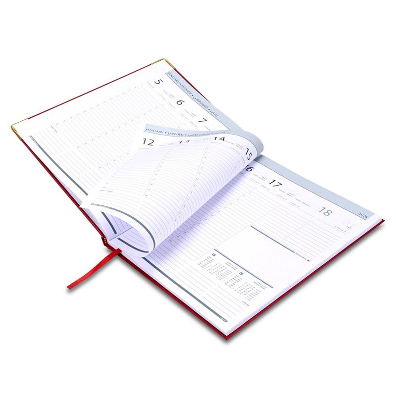 FIS 2026 Executive Diary, 210x260mm, 1 Side Padded Sewn Vinyl Cover, Golden Corners, 1 Week at a Glance, Arabic/English/French, 70gsm White Paper, Mar.. - Image 4