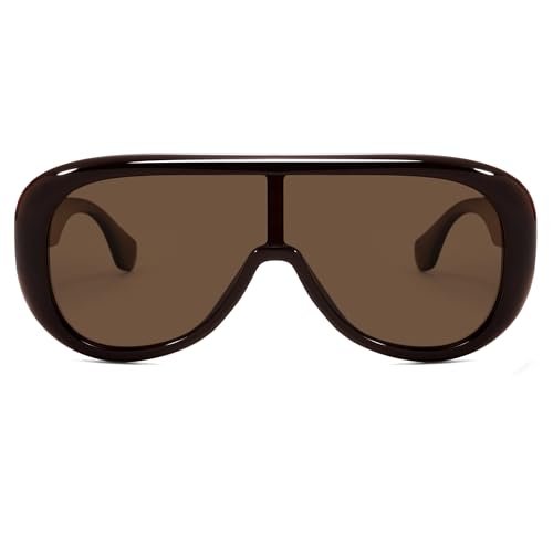 VANLINKER Oversized Aviator Square Sunglasses Womens Men Trendy One-Piece Polarized Lens Retro Futuristic Mask Shades VL9888, Red-brown Frame Brown Lens - Image 1