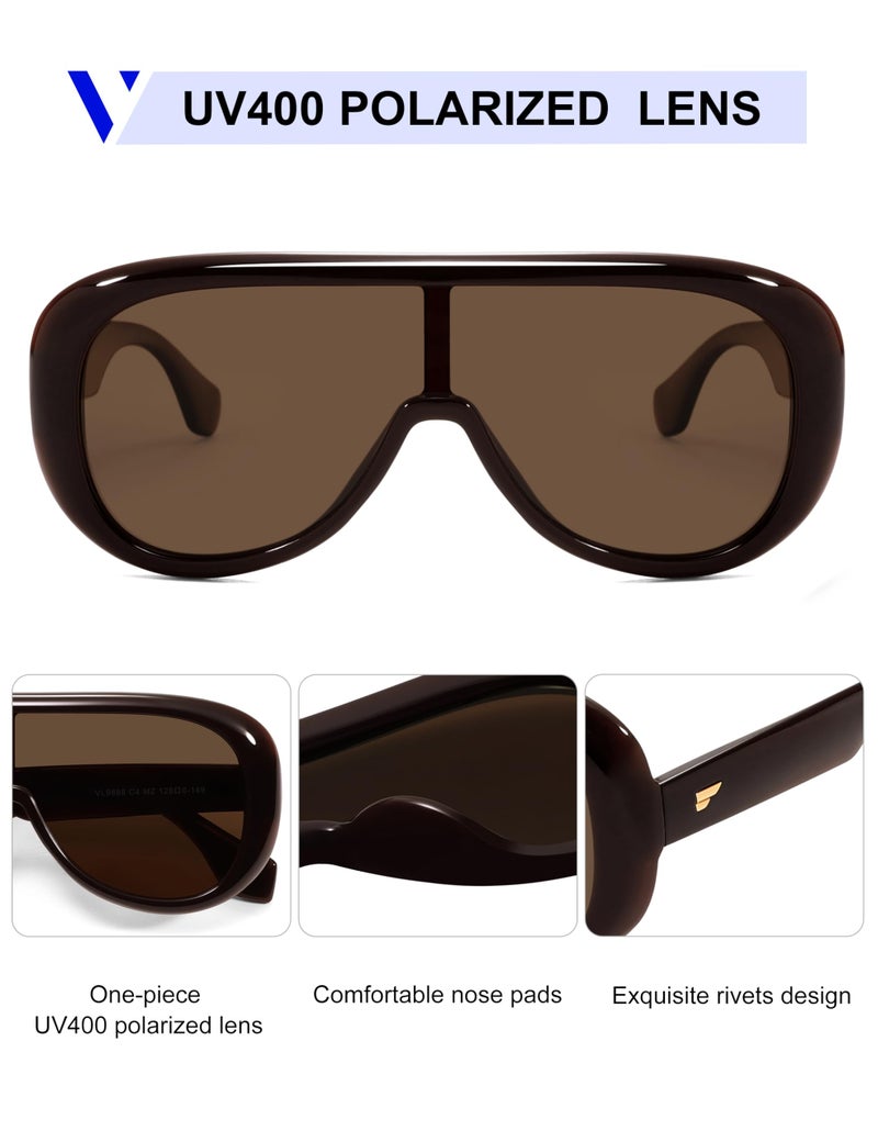VANLINKER Oversized Aviator Square Sunglasses Womens Men Trendy One-Piece Polarized Lens Retro Futuristic Mask Shades VL9888, Red-brown Frame Brown Lens - Image 4