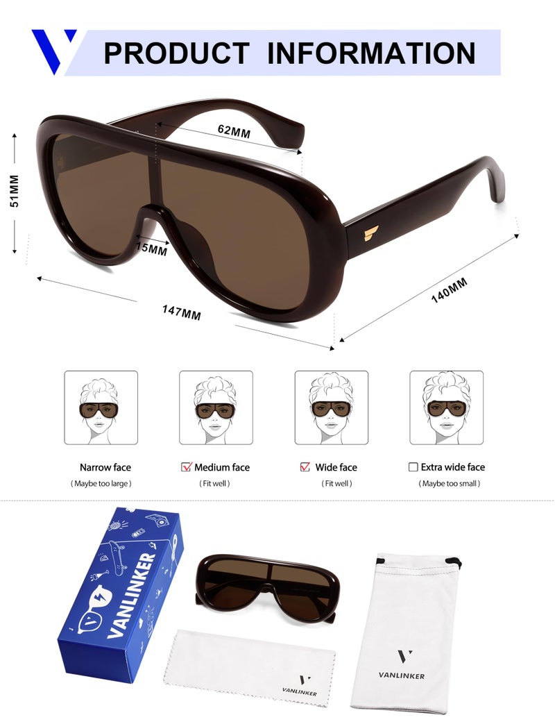 VANLINKER Oversized Aviator Square Sunglasses Womens Men Trendy One-Piece Polarized Lens Retro Futuristic Mask Shades VL9888, Red-brown Frame Brown Lens - Image 5