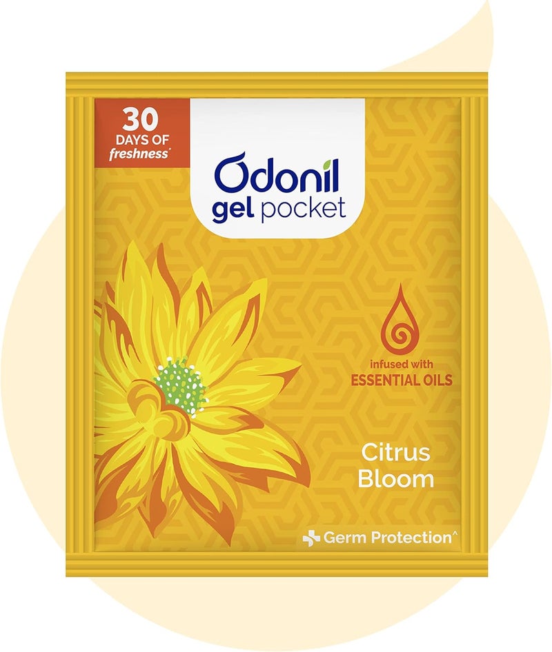 Odonil Gel Pocket - Citrus Bloom - 10g | Infused with Essential Oils | Germ Protection | Lasts Up to 30 days | Air Freshener for Bathroom and Toilet - Image 1