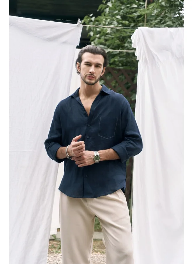 Bohemai Ombretta Navy Blue Linen Oversized Men's Shirt