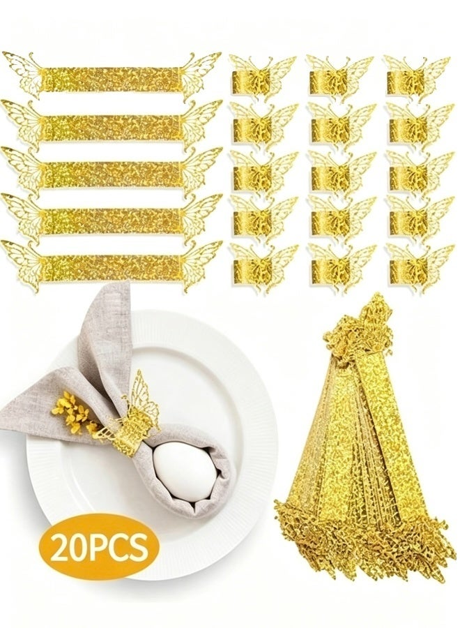 20 PCS Gold 3D Butterfly Napkin Rings Sequined Laser Cut Paper Napkin Holders Reusable Sparkling Table Decor for Wedding Anniversary Bridal Shower Banquet Party - Image 1