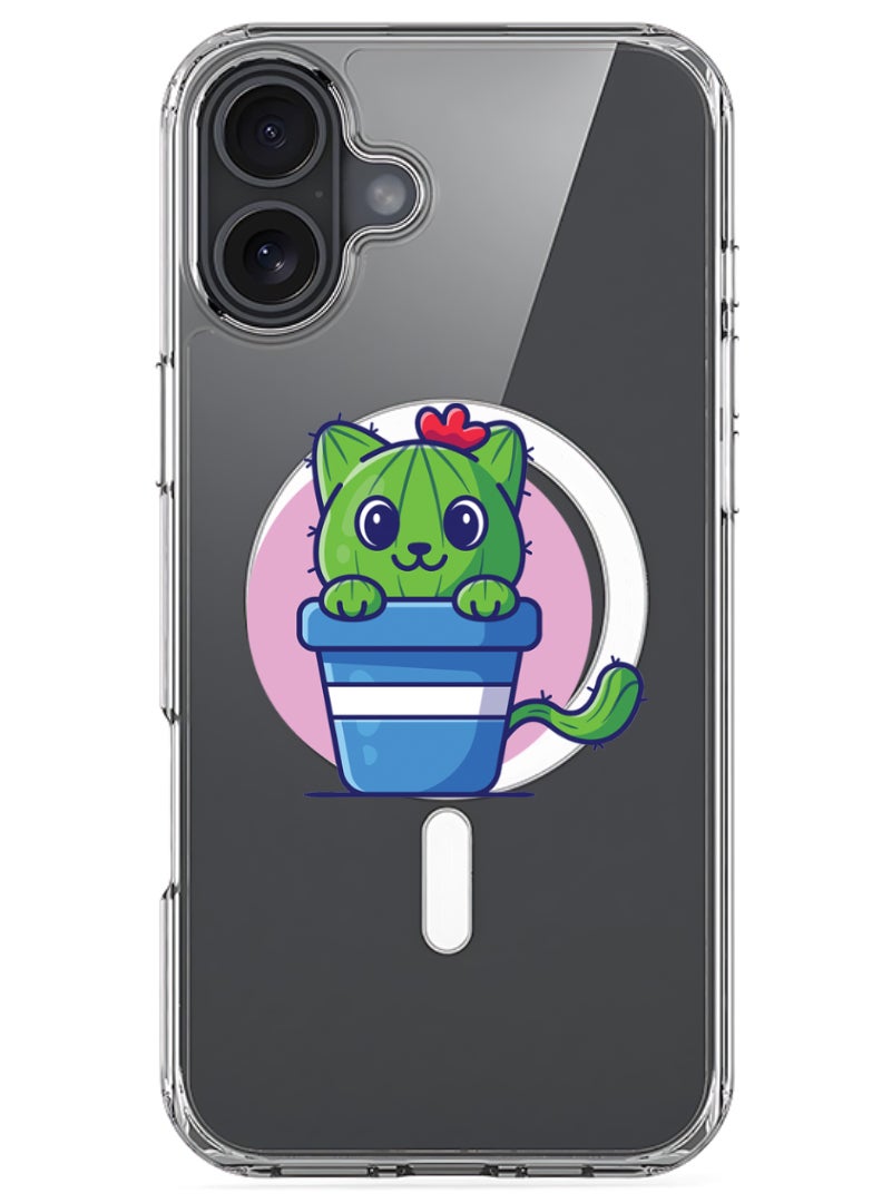 Theodor iPhone 16 Plus Magsafe Magnetic Case for iPhone Compatible with Wireless Charging, Shockproof Phone Bumper Cover - Cute Cat Cactus - Image 1