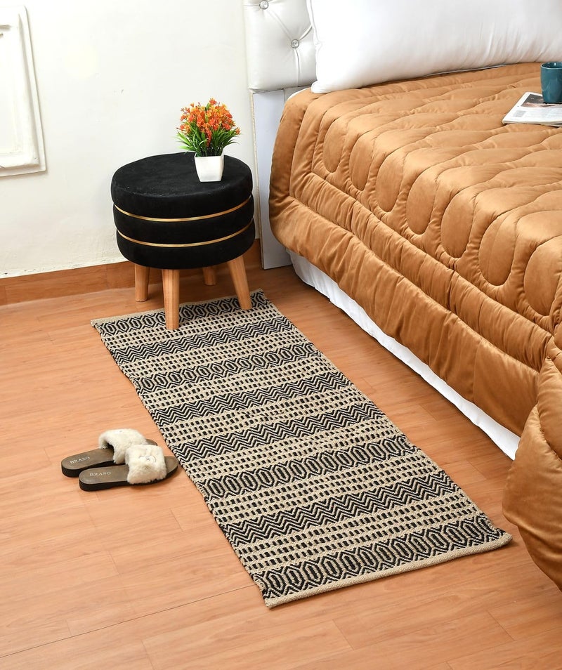 Slazie Cotton Soft Multi-Purpose Floor Rug for Bedroom Living Room|Kitchen Runner|Bedside Runner |Bed Runner|Reversible|2x5 Feet| (Beige Black) - Image 1