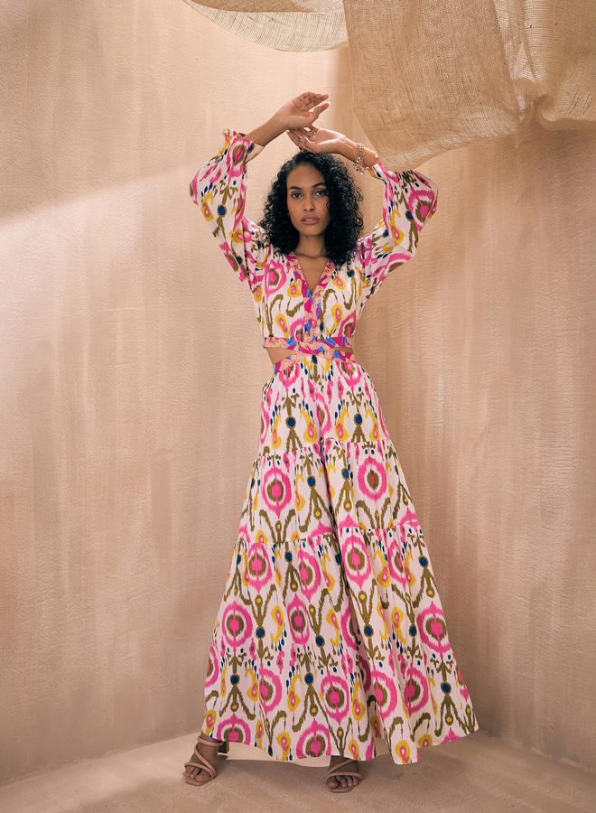 SASSAFRAS Ikat Print Cut-Out Waist Tiered Maxi Dress - Image 1