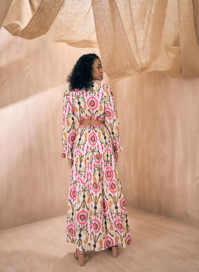 SASSAFRAS Ikat Print Cut-Out Waist Tiered Maxi Dress - Image 5