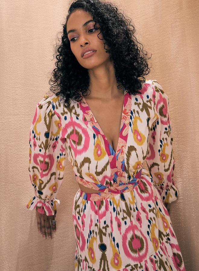 SASSAFRAS Ikat Print Cut-Out Waist Tiered Maxi Dress - Image 2