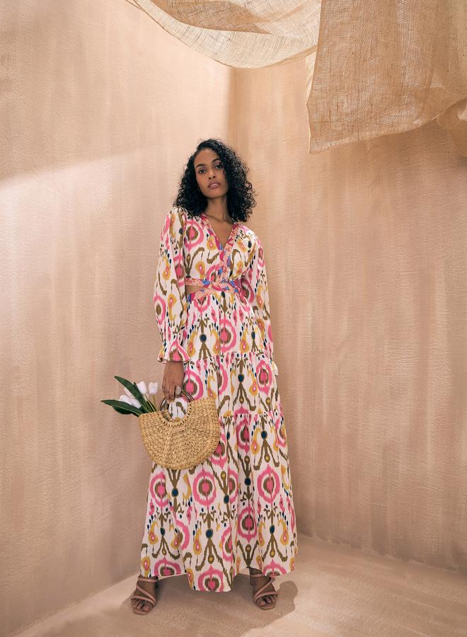 SASSAFRAS Ikat Print Cut-Out Waist Tiered Maxi Dress - Image 4