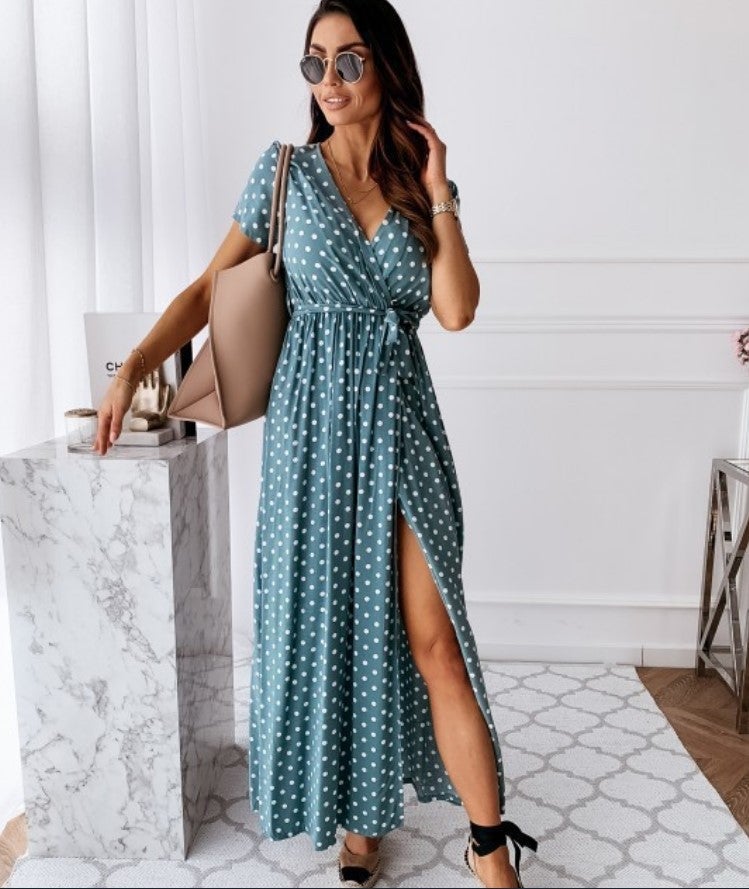 wish hot spot spot Europe and the United States summer short-sleeved V-neck polka dot print dress at a low price blue M - Image 4