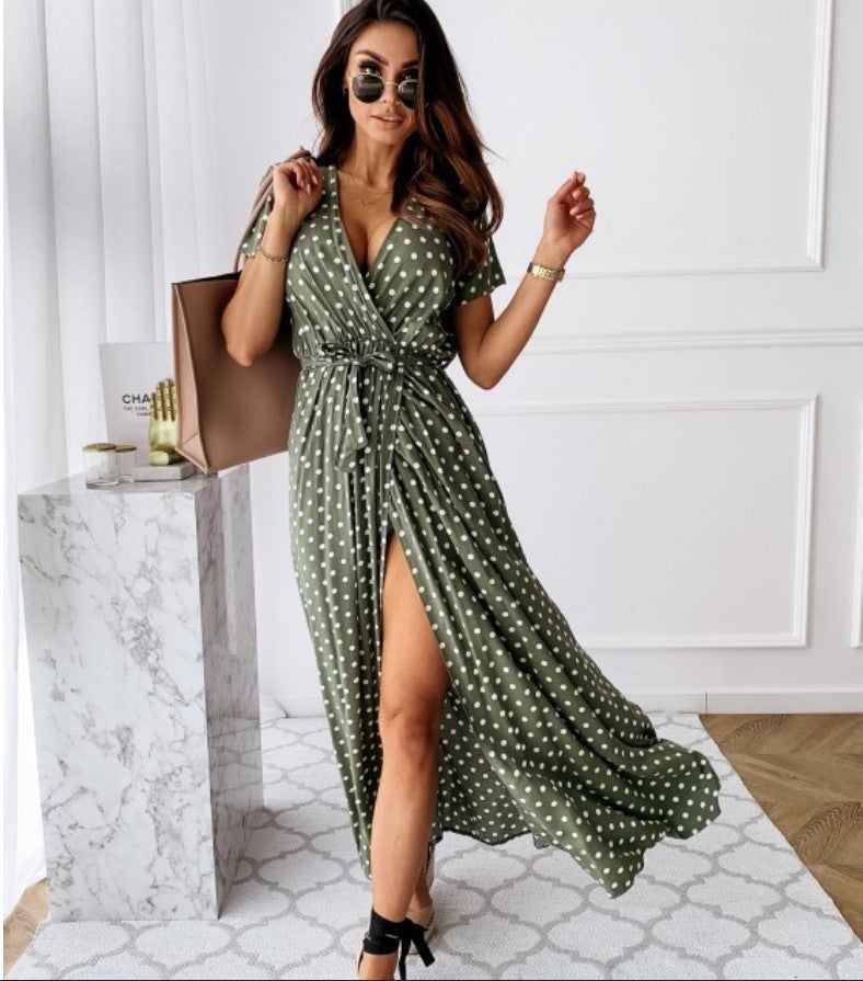 wish hot spot spot Europe and the United States summer short-sleeved V-neck polka dot print dress at a low price blue M - Image 5