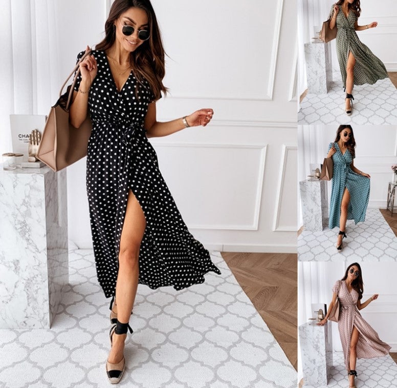 wish hot spot spot Europe and the United States summer short-sleeved V-neck polka dot print dress at a low price blue M - Image 2