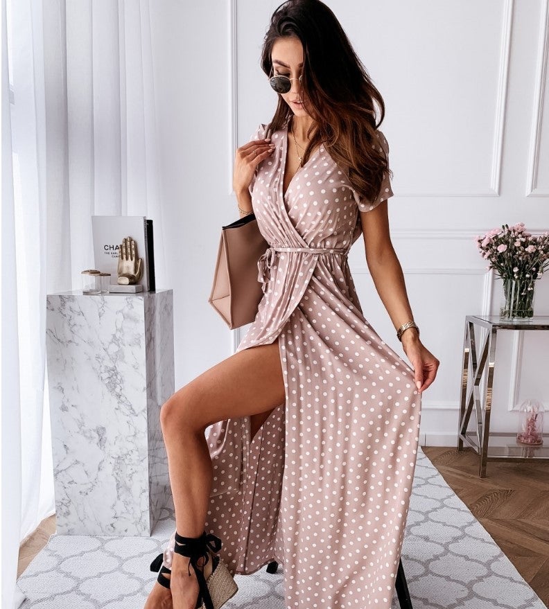 wish hot spot spot Europe and the United States summer short-sleeved V-neck polka dot print dress at a low price blue M - Image 3