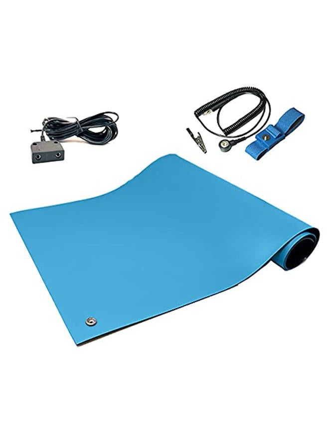 Static Care RubberStat Dual Layer ESD Compliant Workstation Rubber Table Mat Kit, Soldering, Cell Phone Repair, with Wrist Strap Set and Ground Cord - 36"x16" Blue - Image 1