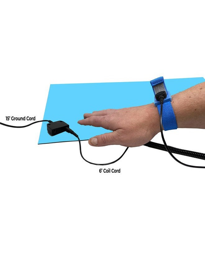 Static Care RubberStat Dual Layer ESD Compliant Workstation Rubber Table Mat Kit, Soldering, Cell Phone Repair, with Wrist Strap Set and Ground Cord - 36"x16" Blue - Image 3