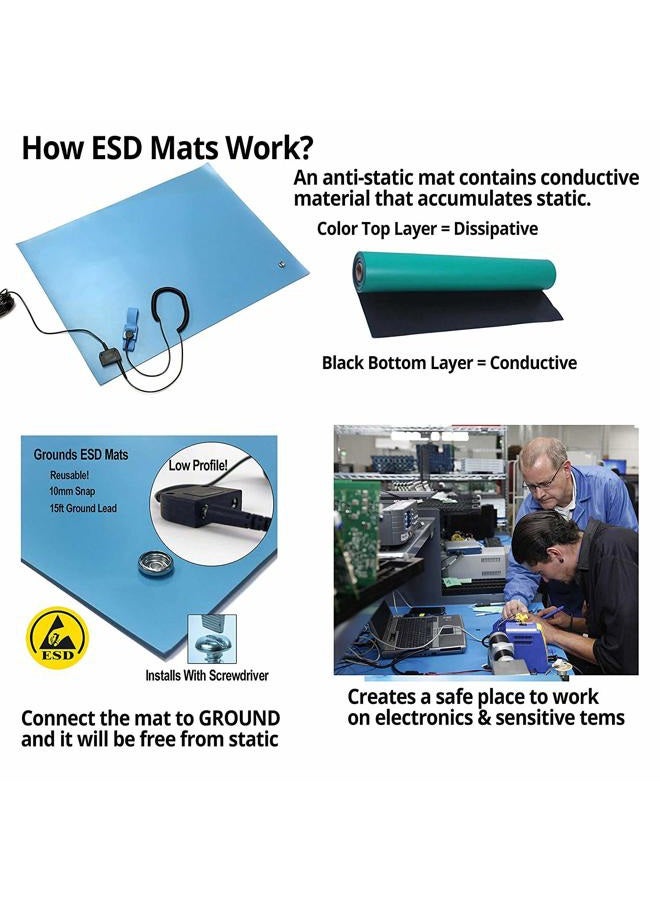 Static Care RubberStat Dual Layer ESD Compliant Workstation Rubber Table Mat Kit, Soldering, Cell Phone Repair, with Wrist Strap Set and Ground Cord - 36"x16" Blue - Image 4