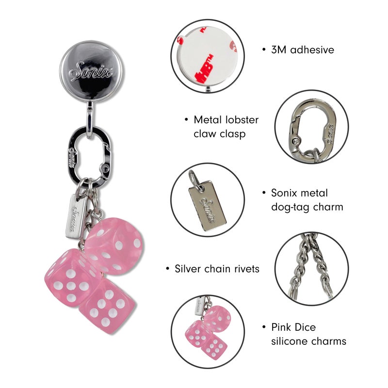 Sonix Phone Charm with Adhesive Hook | Smartphone Charm Hook with Carabiner Ring and Unique Charms | Pink Dice - Image 3