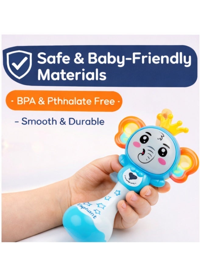 DAT Light-Up Baby Rattle Elephant Musical Toy with Fun Sounds, Flashing Lights, BPA & Phthalate Free, Easy-Grip Handle, Blue, for Infants - Image 3
