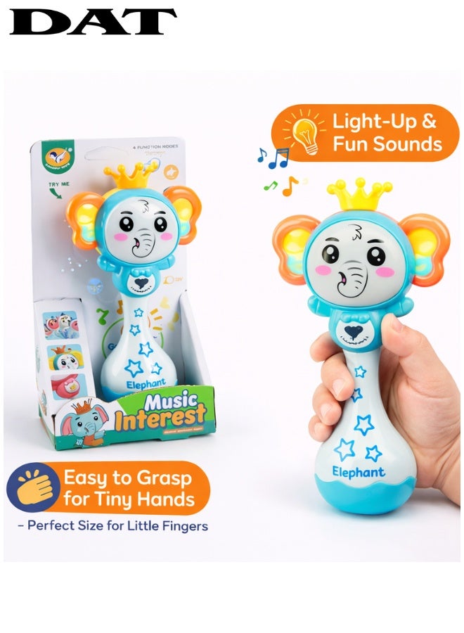DAT Light-Up Baby Rattle Elephant Musical Toy with Fun Sounds, Flashing Lights, BPA & Phthalate Free, Easy-Grip Handle, Blue, for Infants - Image 1