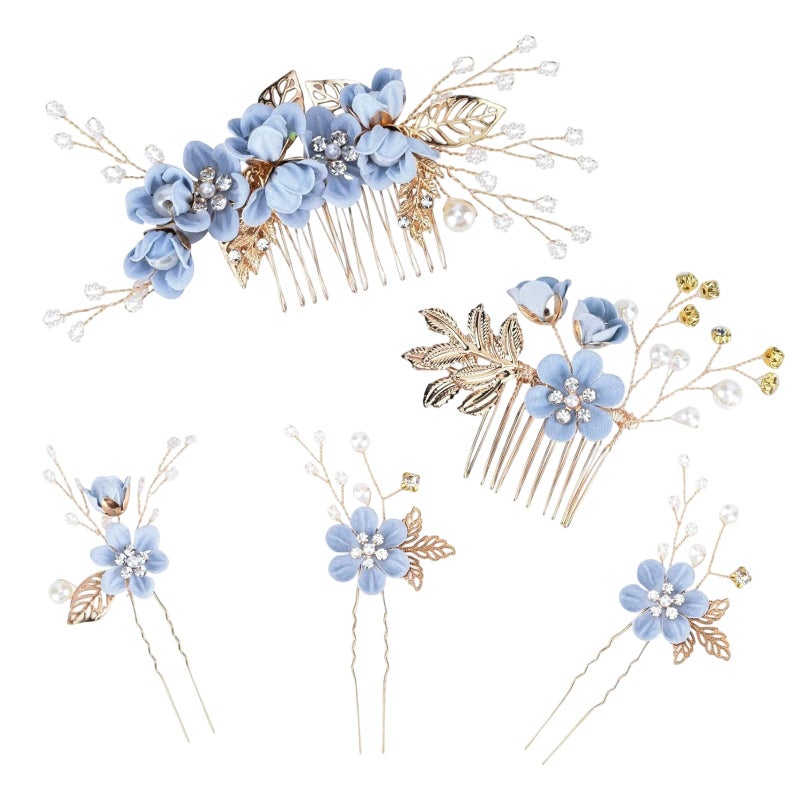 WANYISHUN 5PCS Bridal Hair Comb, Wedding Headpiece for Bride, Blue Flower Rhinestone Hair Clips For Women Girls Bride Bridesmaids Prom Wedding Party - Image 1