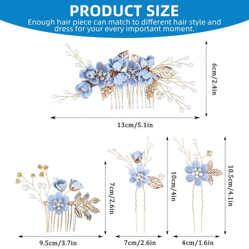 WANYISHUN 5PCS Bridal Hair Comb, Wedding Headpiece for Bride, Blue Flower Rhinestone Hair Clips For Women Girls Bride Bridesmaids Prom Wedding Party - Image 2