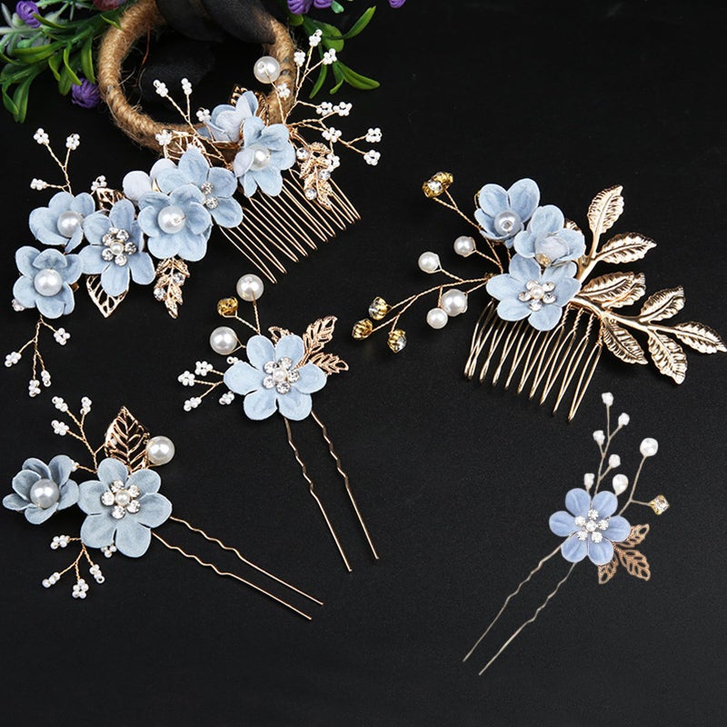 WANYISHUN 5PCS Bridal Hair Comb, Wedding Headpiece for Bride, Blue Flower Rhinestone Hair Clips For Women Girls Bride Bridesmaids Prom Wedding Party - Image 5