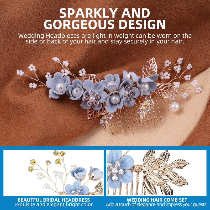WANYISHUN 5PCS Bridal Hair Comb, Wedding Headpiece for Bride, Blue Flower Rhinestone Hair Clips For Women Girls Bride Bridesmaids Prom Wedding Party - Image 4